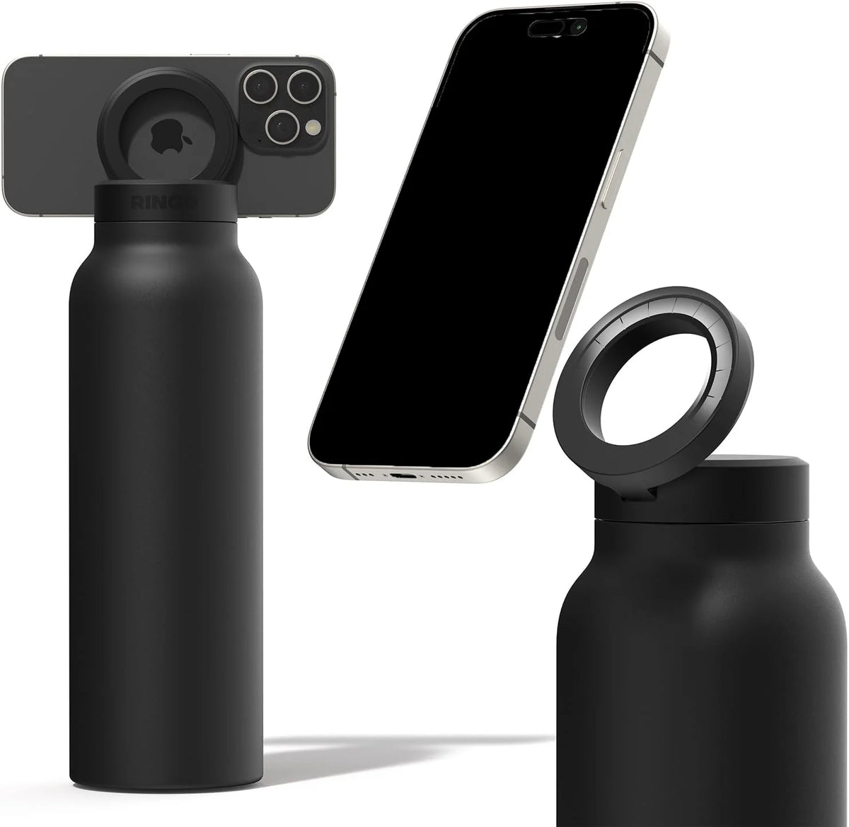 Gourde noire avec support téléphone