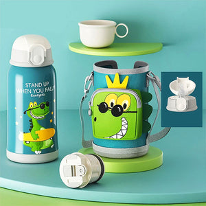 gourde enfant crocodile avec paille et étui