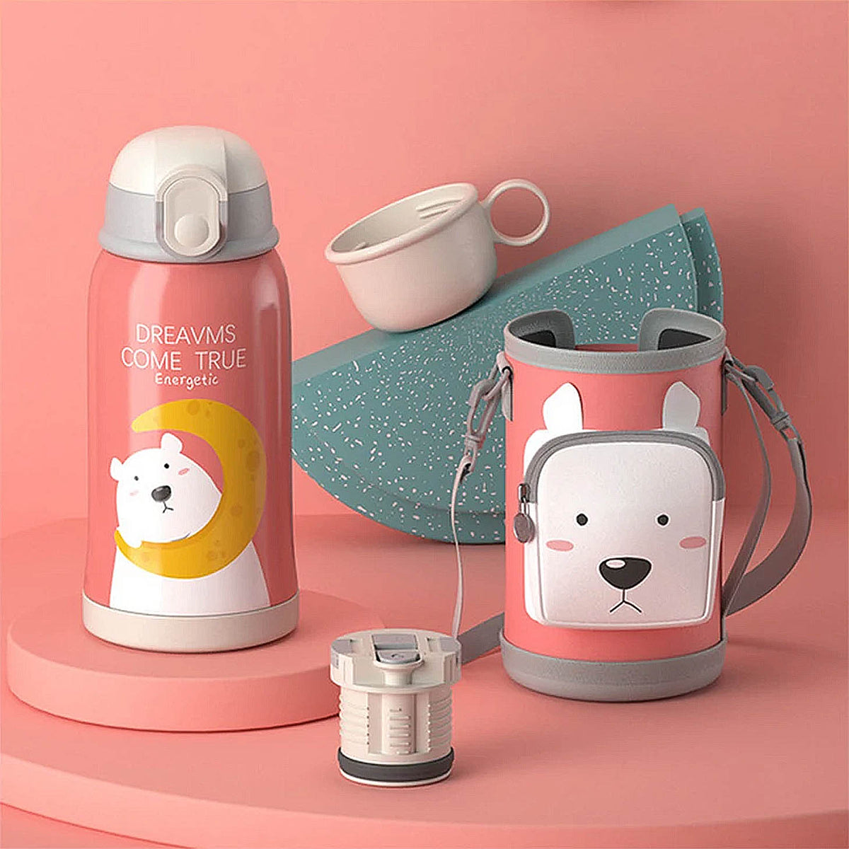 gourde ours polaire pour enfant avec paille et étui