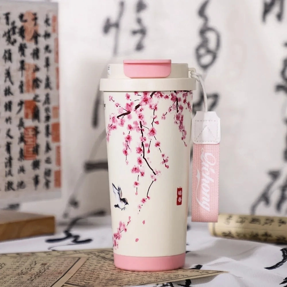 gourde thermos rose japonaise avec paille