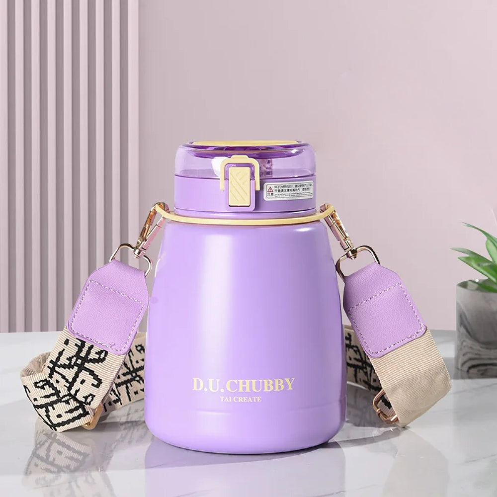 gourde violette avec couvercle et lanière