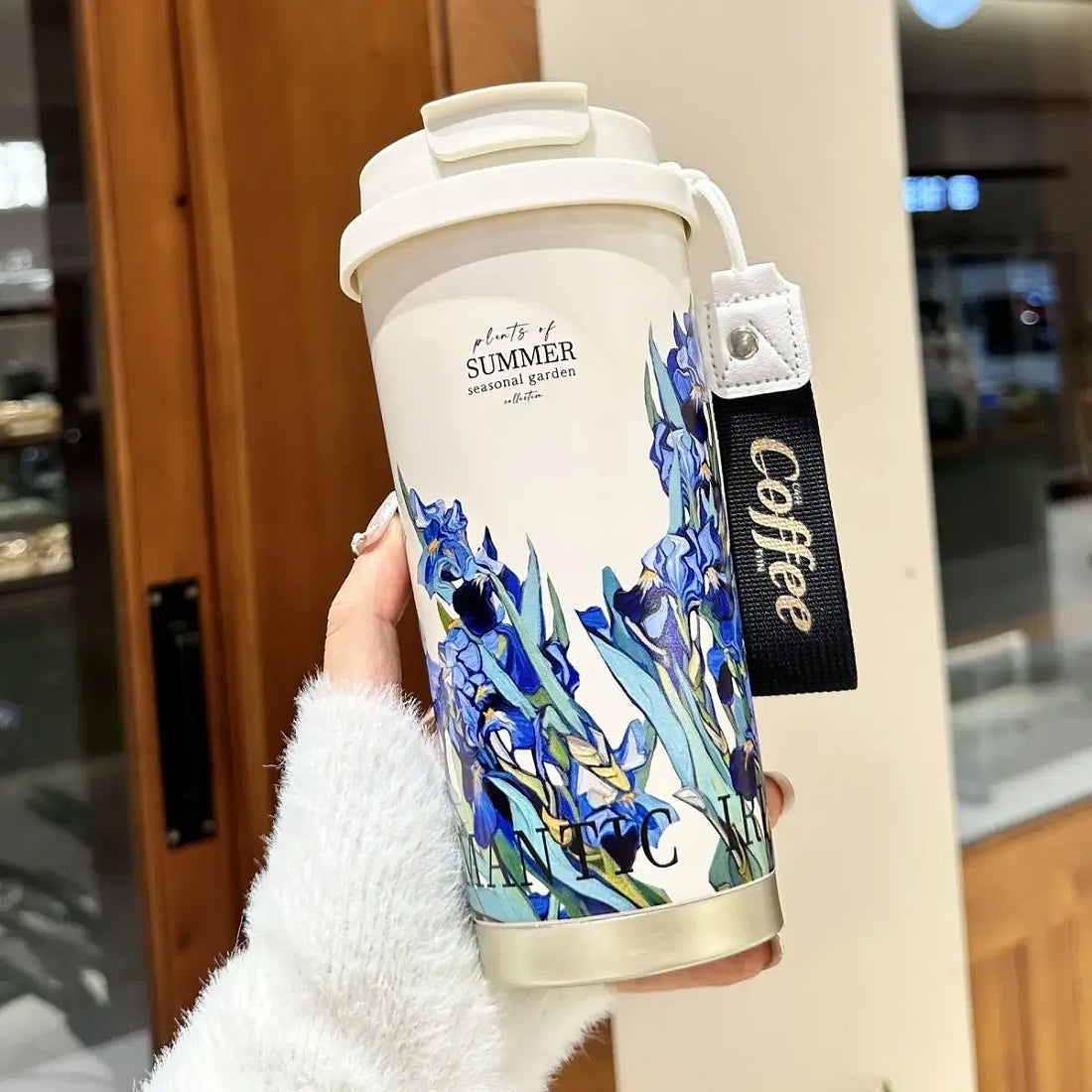 thermos gourde isotherme avec fleurs bleues