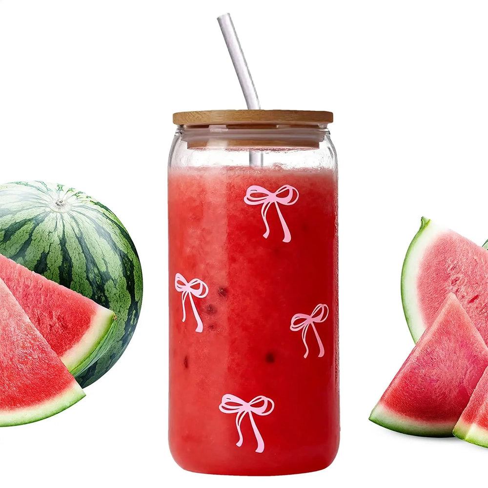 gourde en verre avec paille motif nœud rose