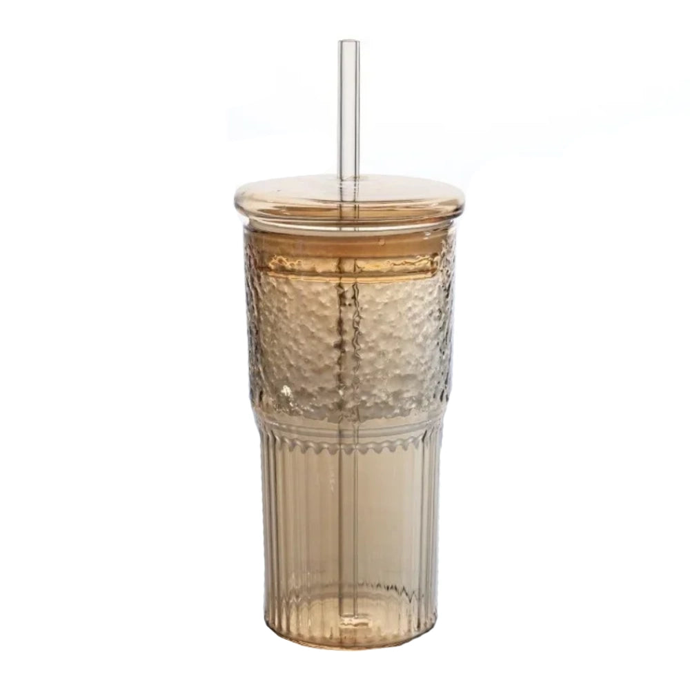 gourde en verre marron avec paille