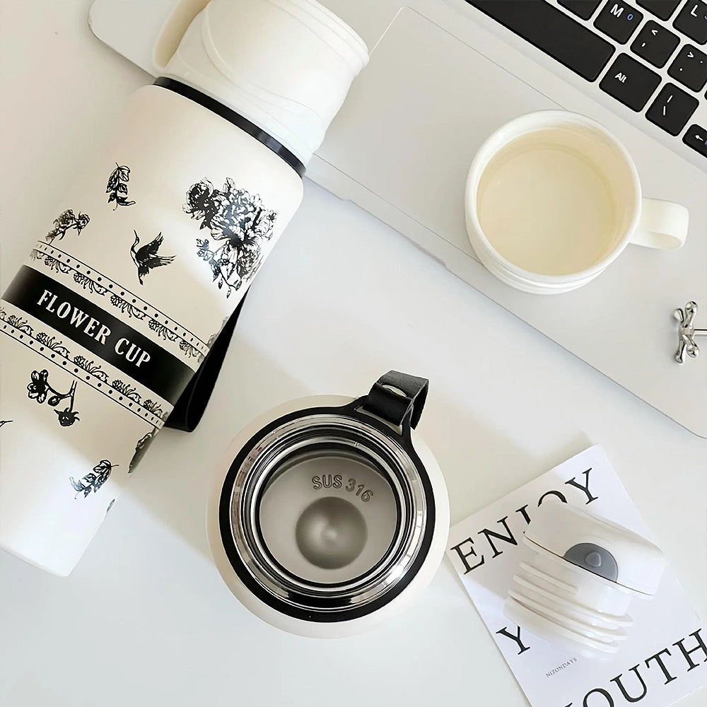 gourde fleur avec tasse en inox