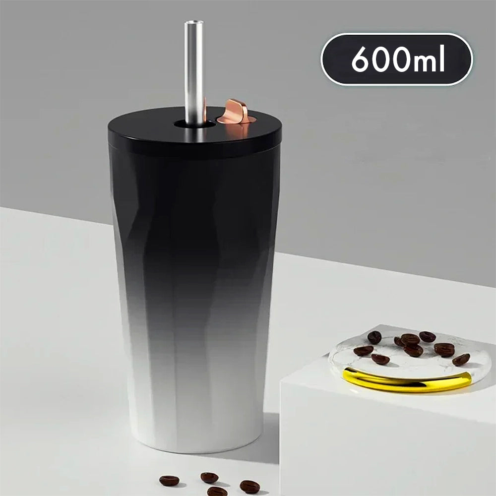 gourde gobelet isotherme noire avec paille inox