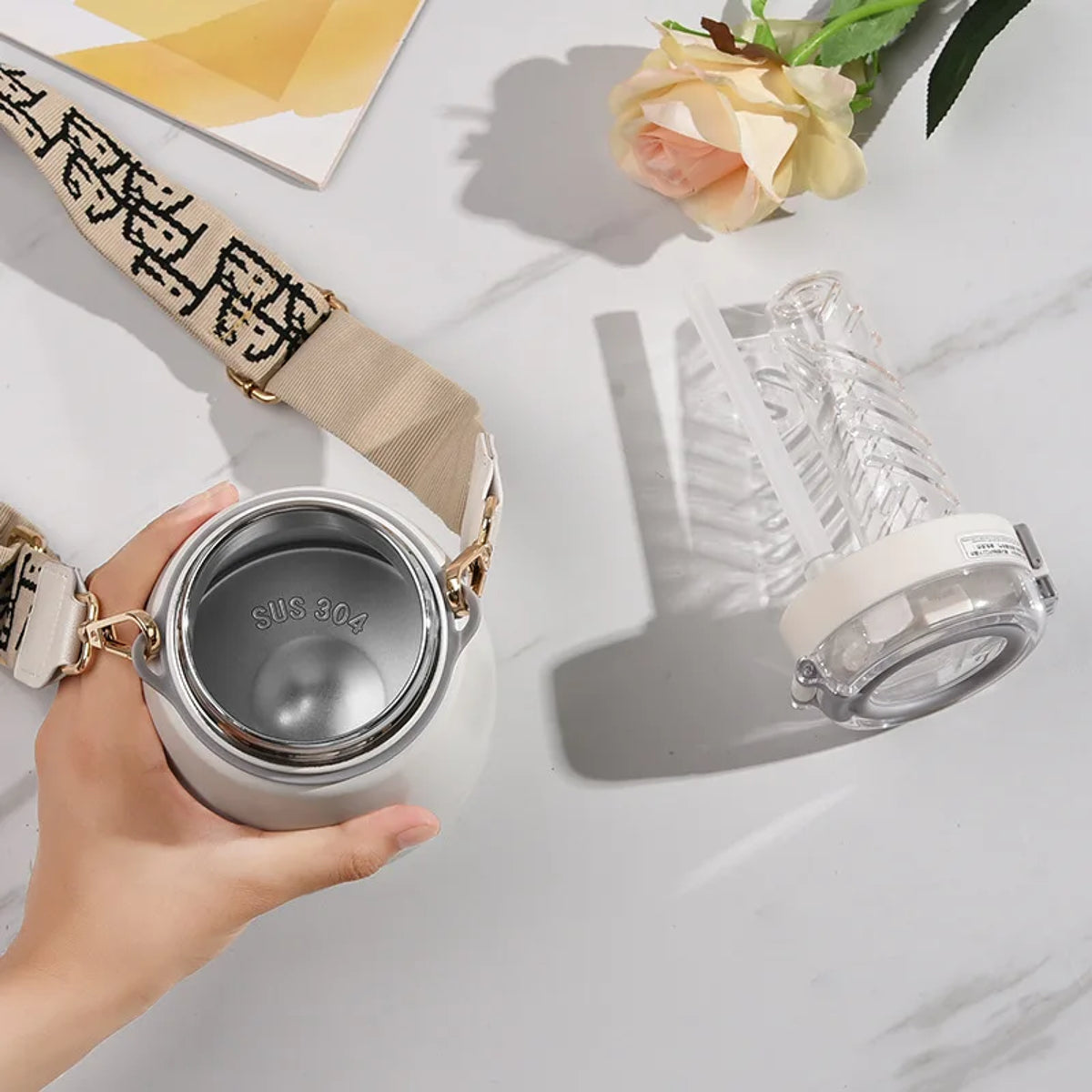 gourde inox avec infuseur et lanière