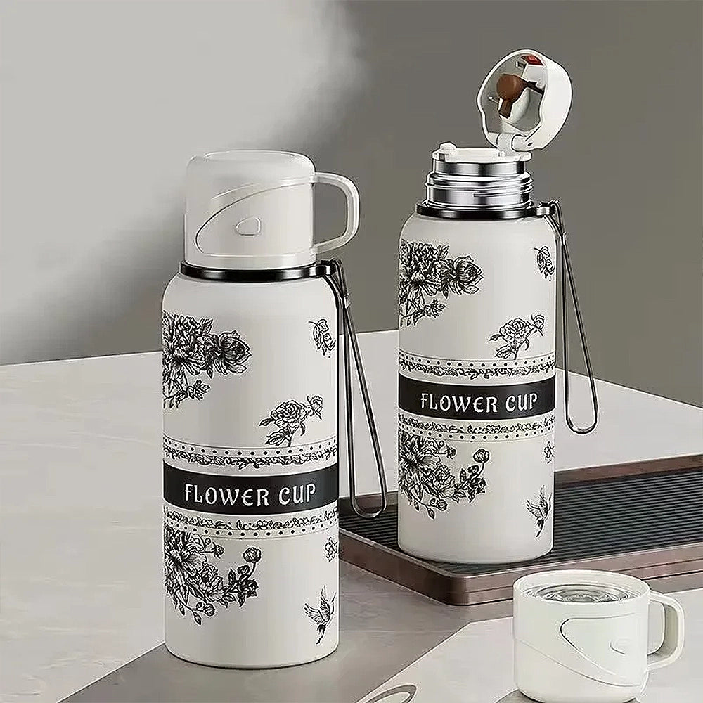 gourde isotherme fleurs avec tasse et dragonne