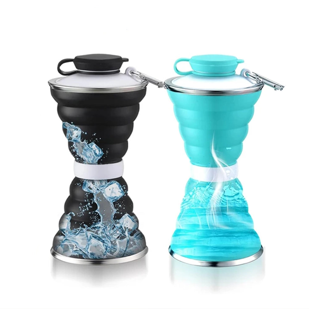 gourde rétractable en silicone noir et bleu