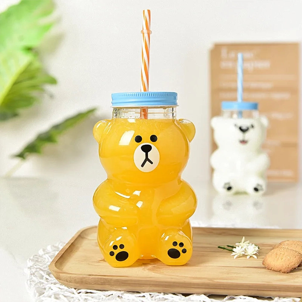 ours gourde en verre avec paille mignon